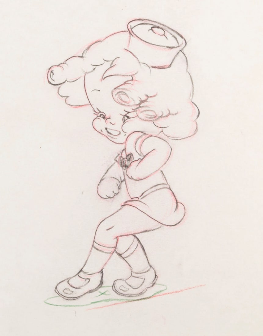 A "The Autograph Hound" Shirley Temple Production Drawing.: (Disney, 1939) An original production drawing of Shirley Temple from the Donald Duck short "The Autograph Hound." With an image size of 2.5" x 4.25" on 10" x 12" animation paper, the graphite and colo