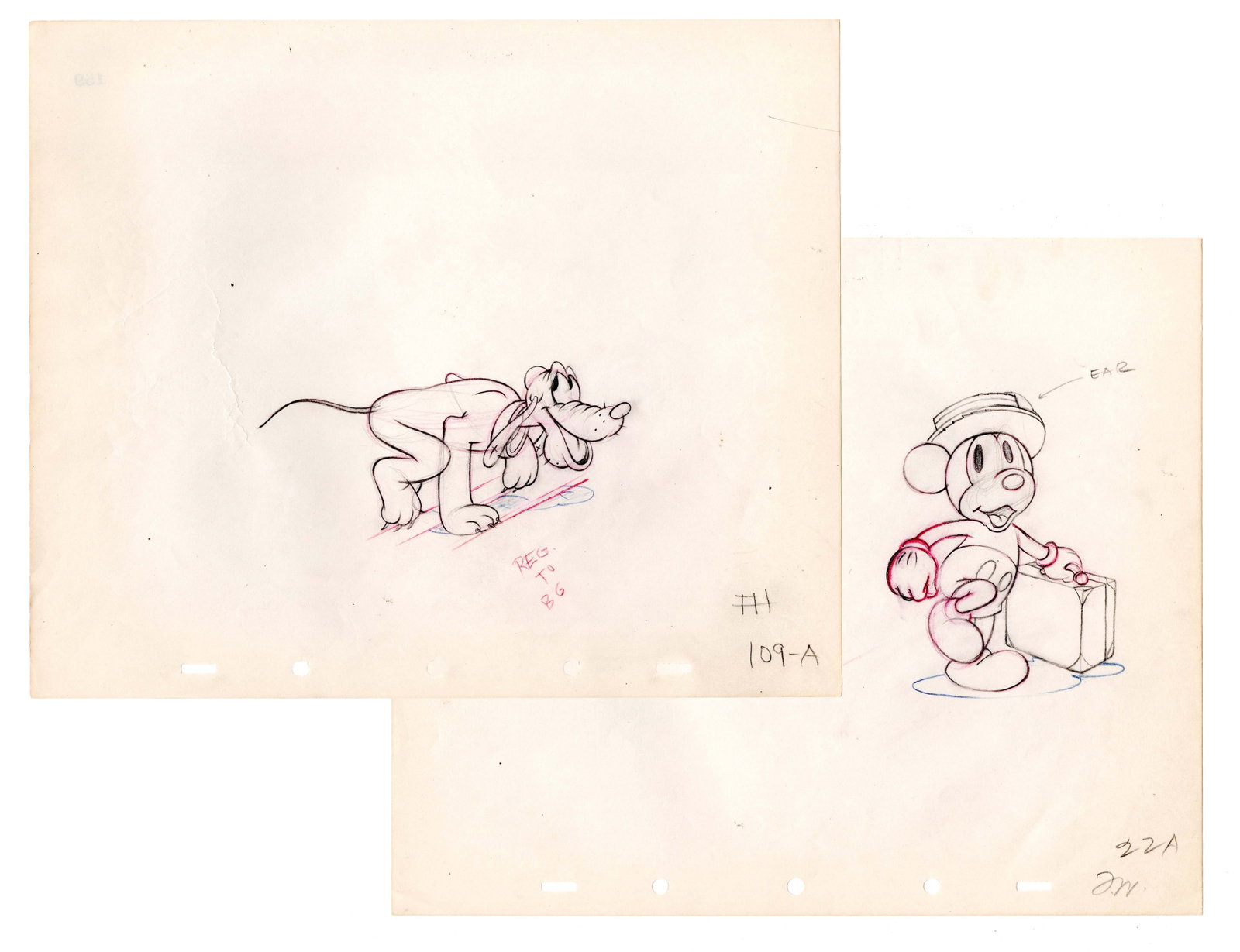 A Pair of "Society Dog Show" Production Drawings.: (Disney, 1939) A pair of original production drawings of Mickey Mouse and Pluto from the animated short "Society Dog Show." Mickey has an image size of 3.75" x 4.5" and Pluto 2.75" x 5.5", both on