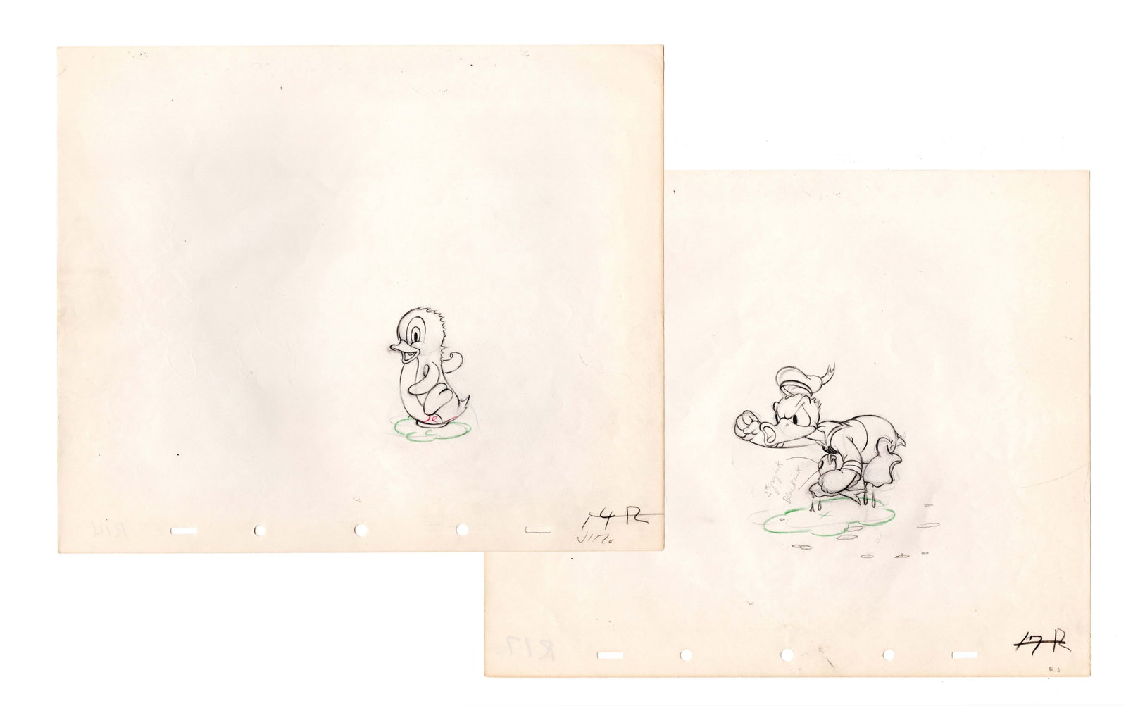 A Pair of “Donald’s Penguin” Original Production Drawings.: (Disney, 1939) Two original production drawings of Donald Duck and the penguin from the animated short “Donald’s Penguin.” With image sizes of 4” x 4” and 1.5” x 2.75" on