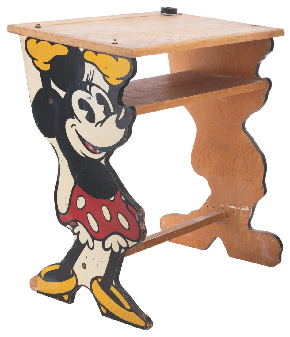 A Kroehler Mickey and Minnie Mouse Desk.: (Kroehler, 1930s) A rare Mickey Mouse children's desk produced by Kroehler Manufacturing. Measuring 23" x 16" x 26.5" tall, the hand-painted desk displays in good condition with scratches, stains, loo