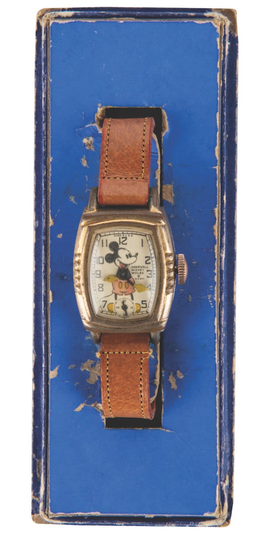 A Rare Ingersoll 1939 Mickey Mouse Wristwatch.: (Ingersoll, 1939) An incredibly rare gold-plated Mickey Mouse wristwatch by Ingersoll. A silver-plated version of this watch was released in 1938, with this much-rarer gold-plated version released in 