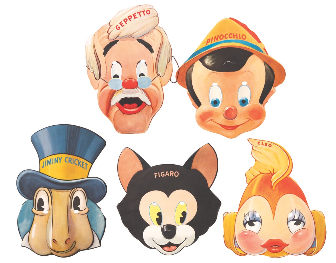 A Gillette "Pinocchio" Masks Premium Set.: (Gillette, 1940) A complete collection of five "Pinocchio" character masks released by Gillette to promote their Blue Blade razor blades and the upcoming Disney animated film. Included are die-cut