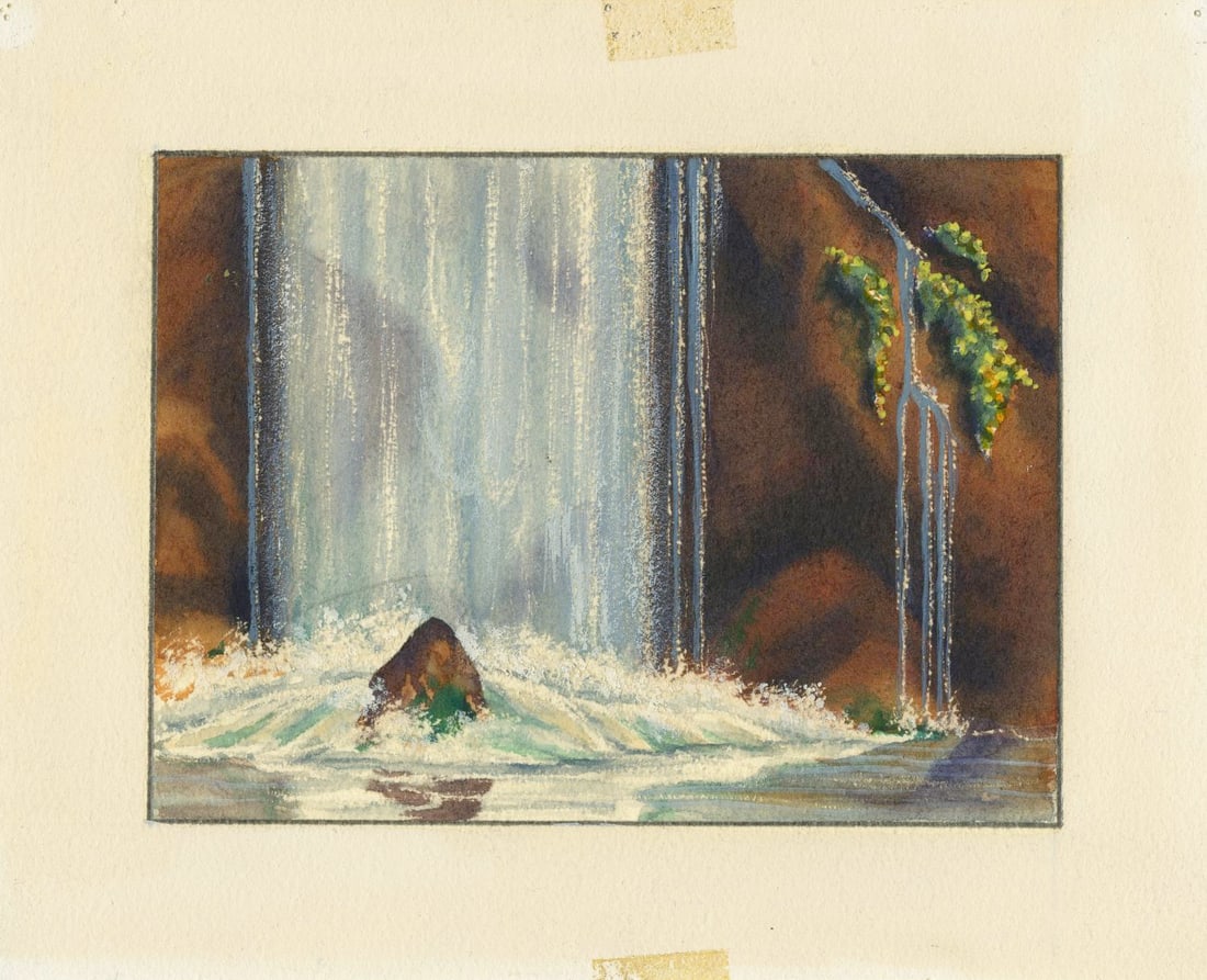 A "Fantasia" Pastoral Symphony Concept Painting.: (Disney, 1940) An original background concept painting from the Pastoral Symphony sequence of Walt Disney's "Fantasia." With an image size of 4.5" x 6" on 6.5" x 8" paper, the mixed-media painting is