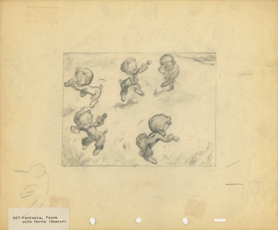 A "Fantasia" Dancing Satyrs Original Concept Drawing.: (Disney, 1940) An original concept drawing of satyrs dancing from the Pastoral Symphony sequence of Walt Disney's masterpiece "Fantasia." With an image size of 5" x 6.5" on 10" x 12" animation paper, 