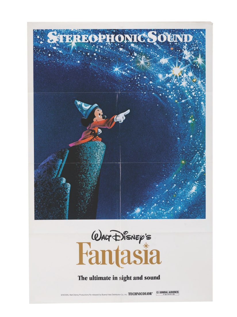 A "Fantasia" 1977 Re-Release One-Sheet.: (Disney, 1977) A one-sheet for the 1977 theatrical re-release of Walt Disney's "Fantasia." Measuring 27" x 41", the poster is in very good condition with minimal edge wear along the fold lines and aro