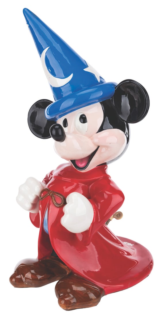 A Figural Sorcerer Mickey Music Box.: (Schmid, 1990) A figural Sorcerer Mickey music box released for the 50th anniversary of "Fantasia." When wound, the box plays Paul Dukas' L'apprenti Sorcier (The Sorcerer's Apprentice). Measuring