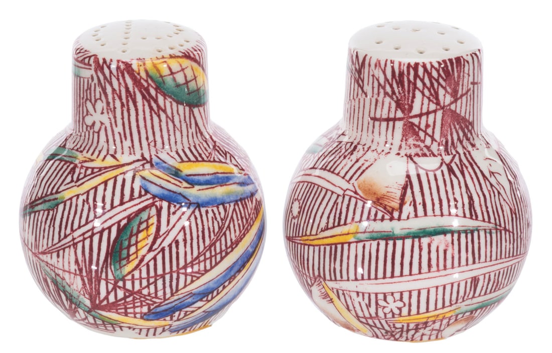A "Fantasia" Autumn Ballet Salt and Pepper Shaker Set.: (Vernon Kilns, 1940) A pair of salt and pepper shakers in Vernon Kilns' Autumn Ballet pattern, inspired by "Fantasia" and designed by Gyo Fujikawa. Each masuring 2.5" diameter x 3" tall, the shakers a