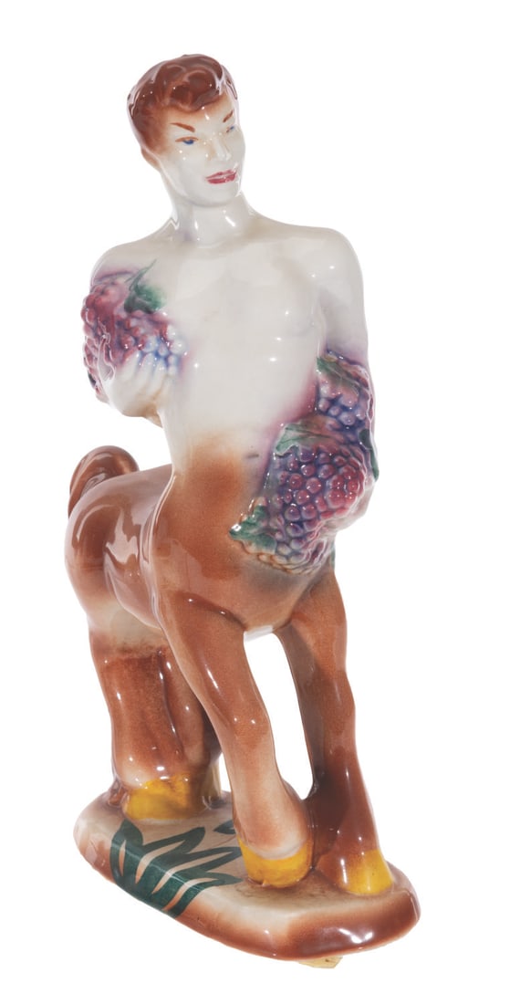 A Vernon Kilns "Fantasia" Centaur Figurine.: (Vernon Kilns, 1940) A very rare painted glazed ceramic figurine of a male centaur inspired by the Pastoral Symphony sequence of "Fantasia." Measuring 6" x 2.75" x 10.5" tall, the ceramic figurine is 