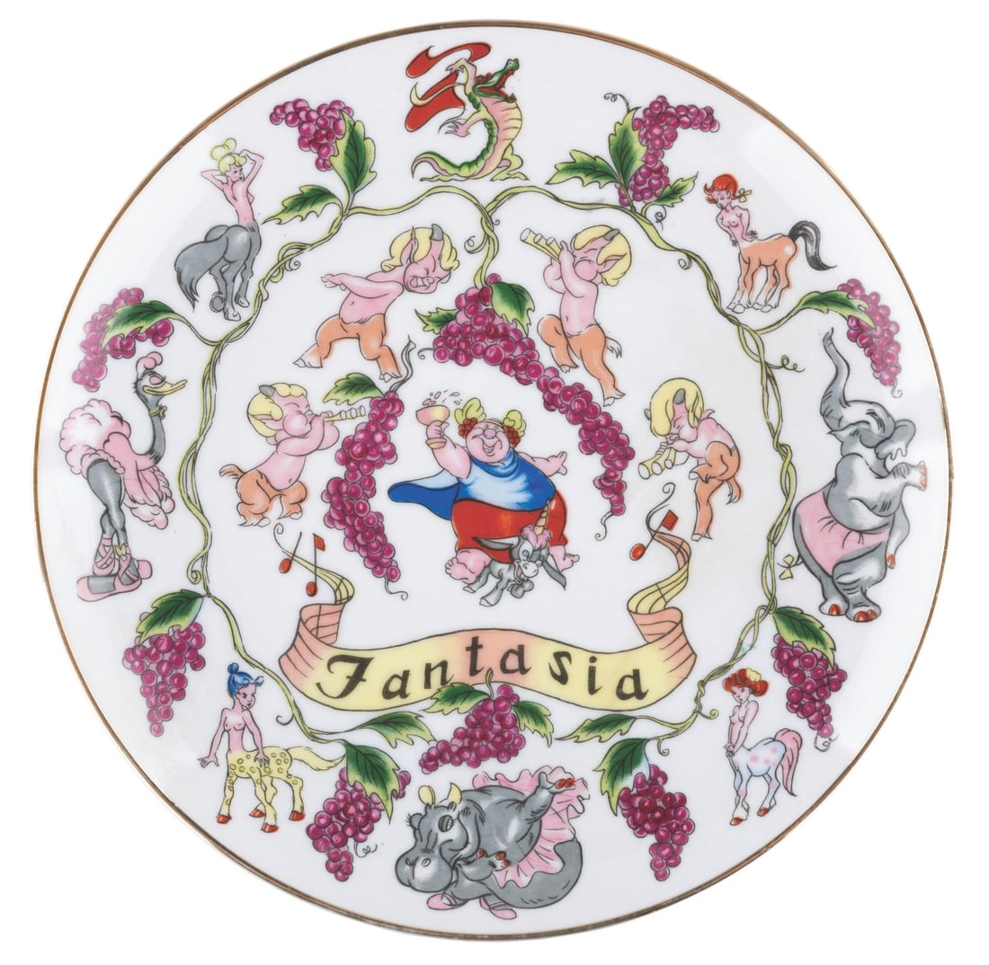 A "Fantasia" Eleanore Welborn Plate.: (Eleanore Welborn, 1957) A very rare plate sold exclusively at Disneyland during the Park's early years. The plate was inspired by Disney's "Fantasia" and features beautiful imagery of the characters 