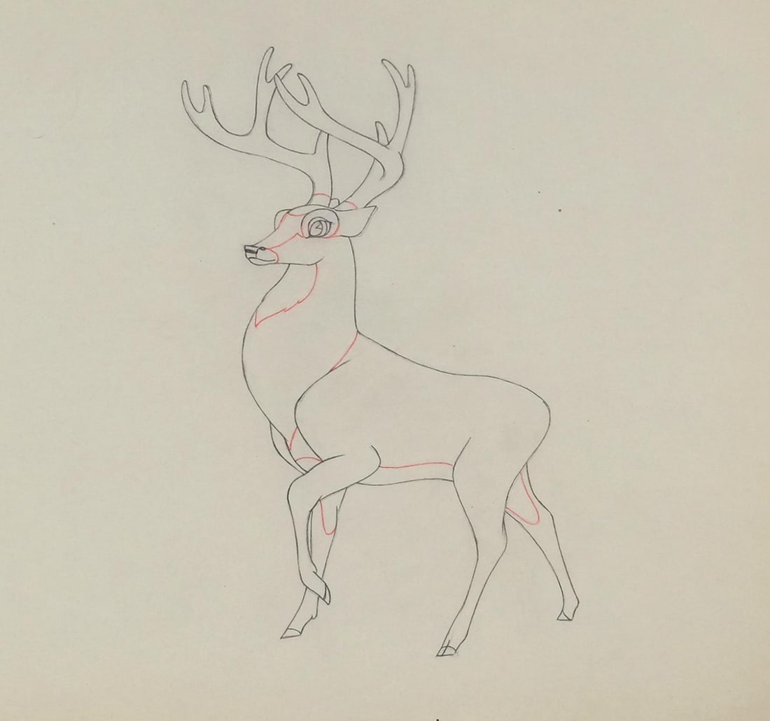 A "Bambi" Original Production Drawing.: (Disney, 1942) An original production drawing of Bambi's father, The Great Prince of the Forest, from "Bambi." With an image size of 5.25" x 8.25" on 12.5" x 15.5" animation paper, the graphite and co