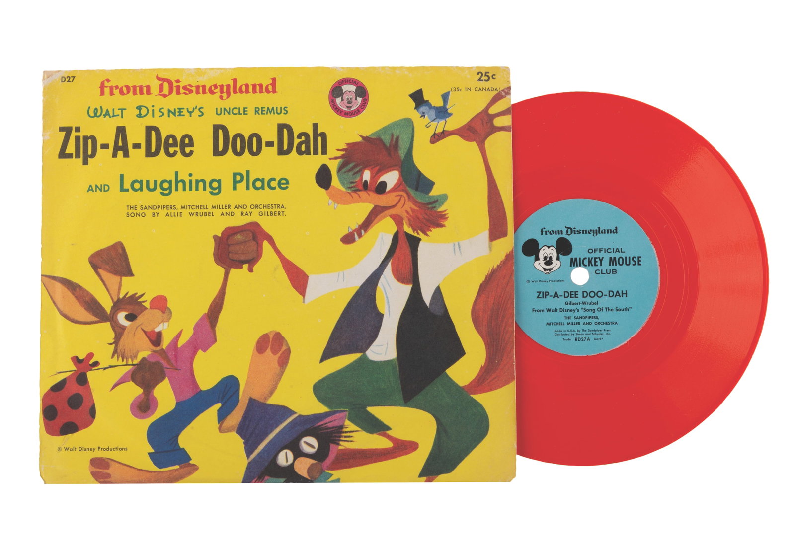 A Pair of "Song of the South" 7" Records.: (Disneyland, 1955) A rare pair of 7" Official Mickey Mouse Club records featuring "Zip-A-Dee Doo-Dah" and "Laughing Place" from "Song of the South." These orange viny recordsl featuring the talents of