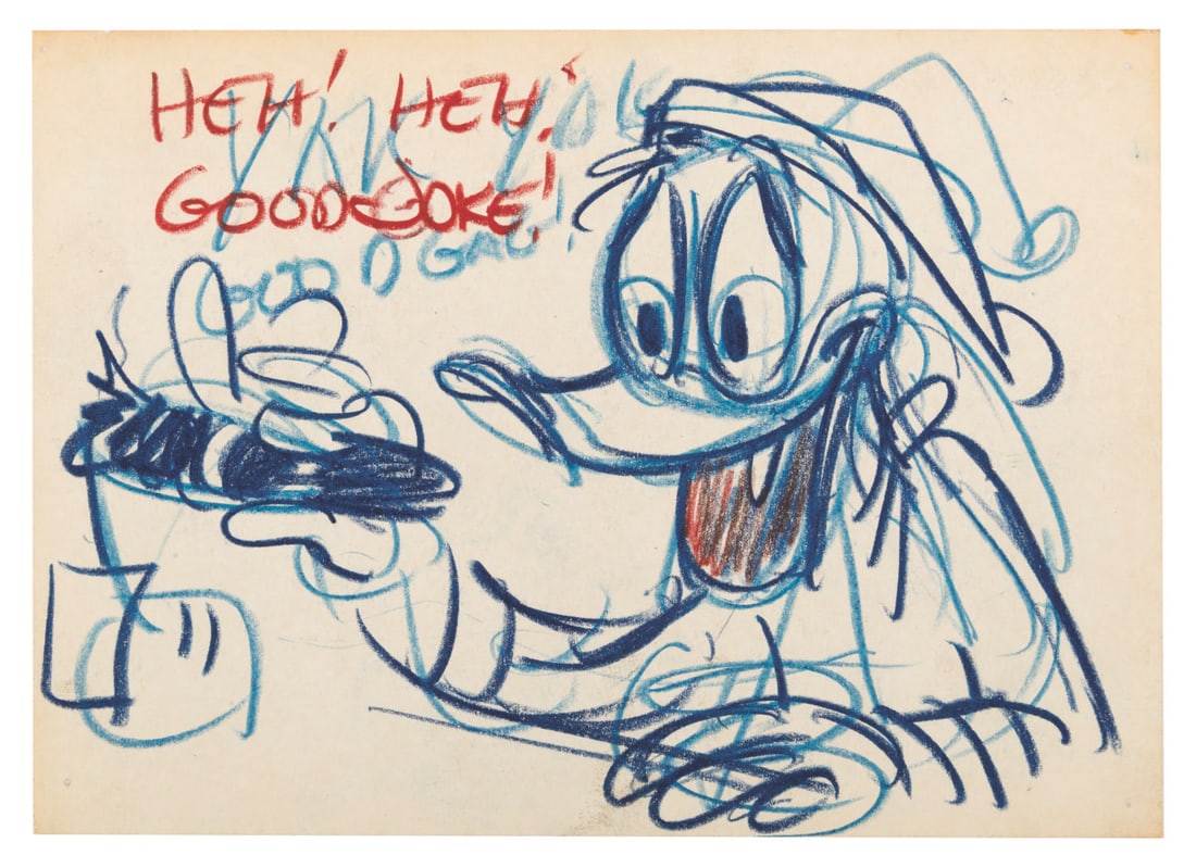 A "Donald's Happy Birthday" Storyboard Panel.: (Disney, 1949) An original storyboard panel of Donald Duck holding a cigar from the animated short "Donald's Happy Birthday." With an image size of 5.75" x 8" on 6" x 8.25" drawing paper, the grease