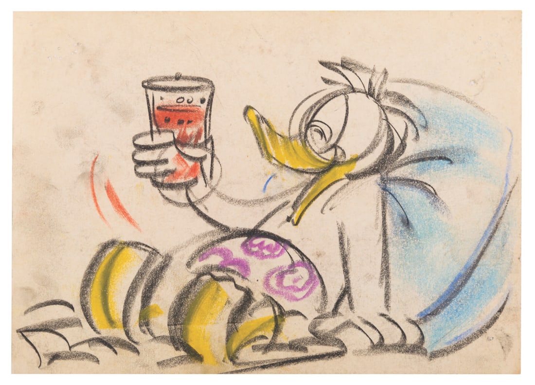A "Bee at the Beach" Donald Duck Storyboard Panel.: (Disney, 1950) An original storyboard panel of Donald Duck from the animated short "Bee at the Beach." With an image size of 5.25" x 8.25" on 6" x 8.25" drawing paper, the grease pencil and pastel