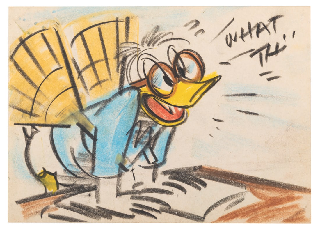 A Donald Duck Storyboard Panel.: (Disney, 1940s-50s) A storyboard panel for a Disney Studio short starring Donald Duck. Measuring 6" x 8.25", the grease pencil and pastel artwork is in very good condition with light wear and