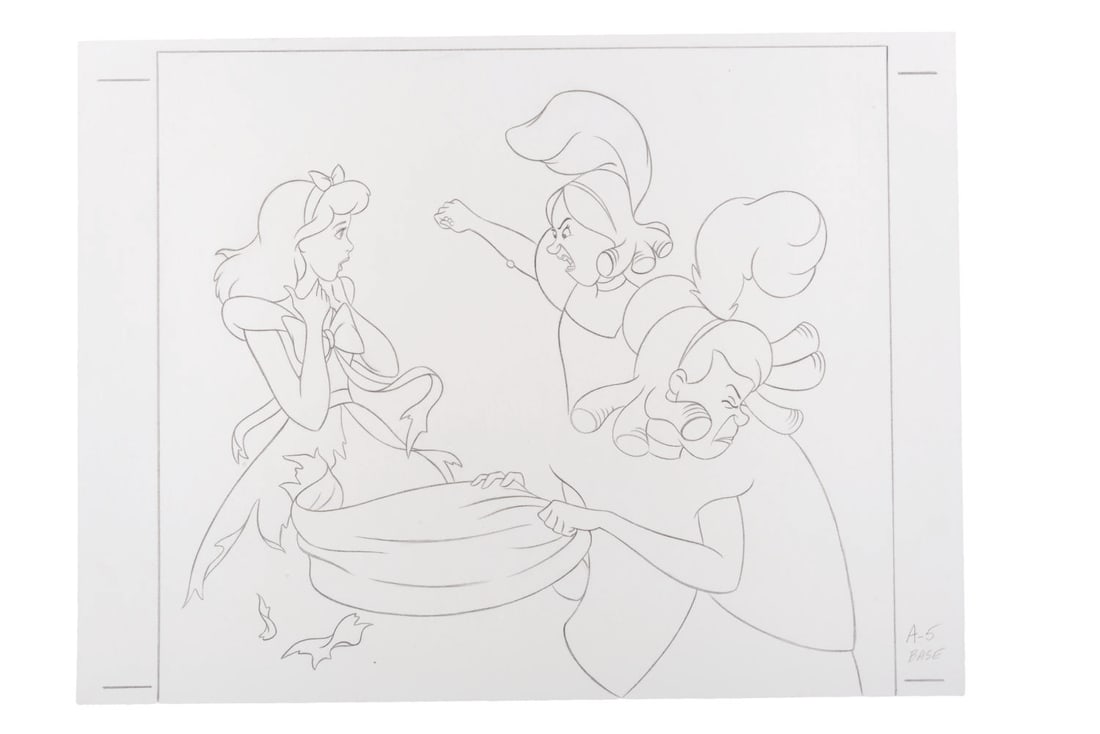 "Cinderella" View-Master Slide Development Art.: (Disney, 1990s) An original development drawing of Cinderella and her step-sisters for a "Cinderella" View-Master slide. The graphite drawing was created at the Disney Studio and used to create a colo