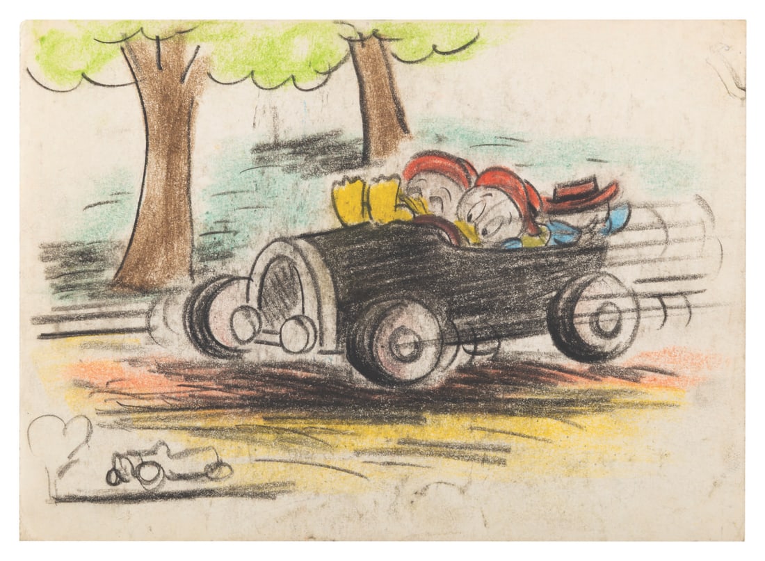 A "Lucky Number" Storyboard Panel.: (Disney, 1951) An original storyboard panel of Donald Duck's nephews driving a fast car from the animated short "Lucky Number." Measuring 6" x 8.5", the grease pencil and pastel artwork is in very