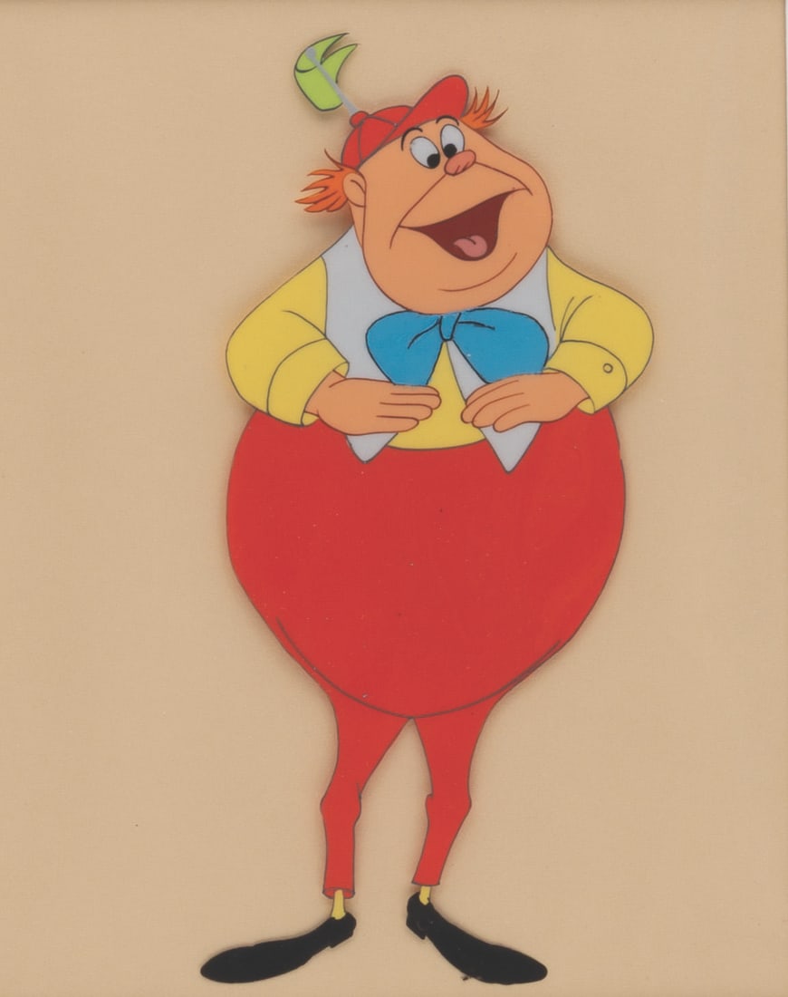 An "Alice in Wonderland" Production Cel.: (Disney, 1951) An original production cel of either Tweedle Dee or Tweedle Dum from "Alice in Wonderland." The character has an image size of 3" x 6.5" on a slightly trimmed 8.5" x 11.5" cel. The