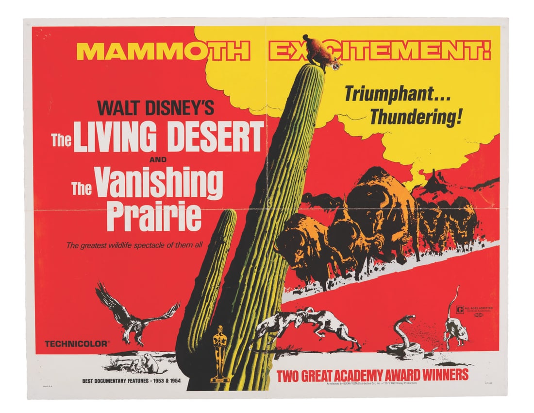 A "The Living Desert" & "The Vanishing Prairie" Double-Feature Half-Sheet.: (Disney, 1971) A half-sheet for the 1971 double-feature re-release of Walt Disney's "The Living Desert" and "The Vanishing Prairie." The films won the Academy Award for Best Documentary Feature in 195