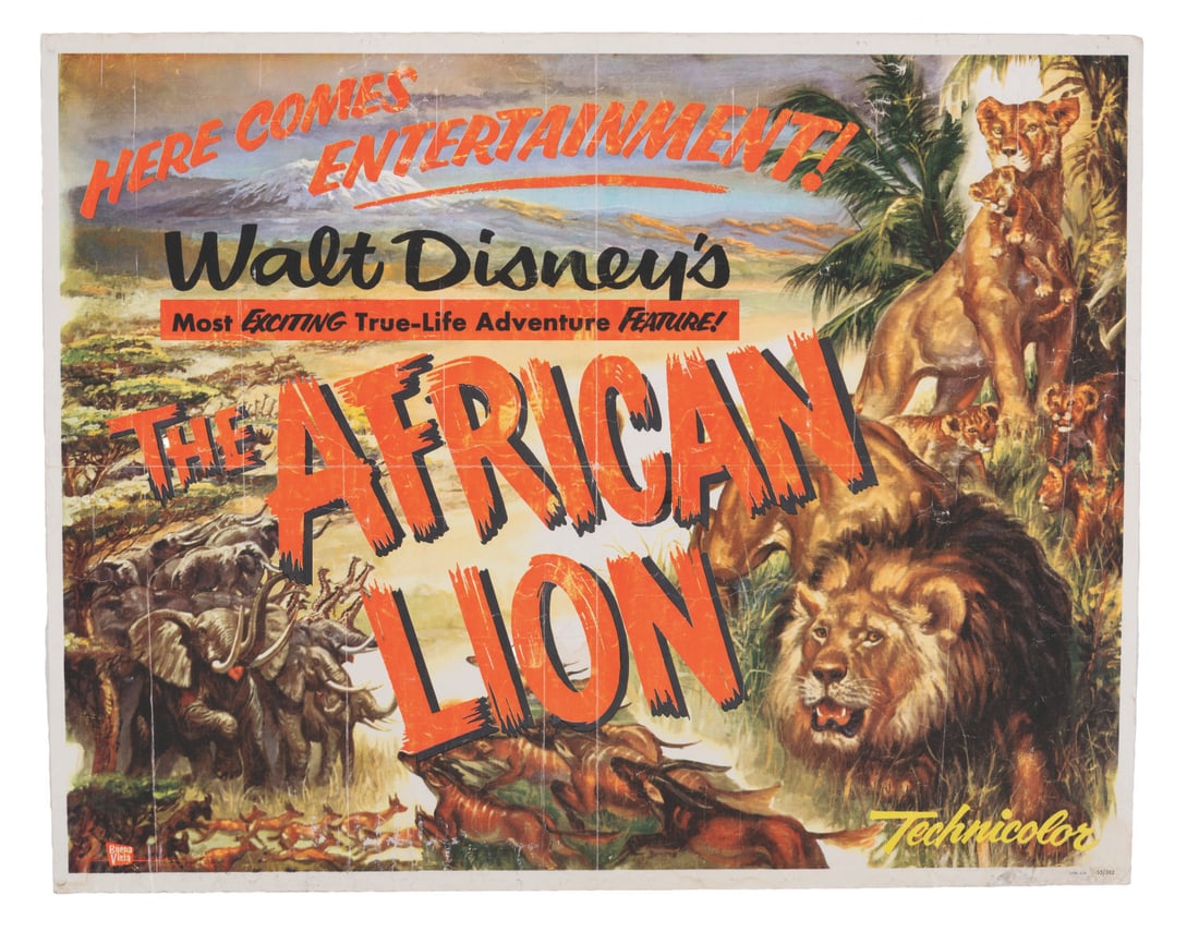 A "The African Lion" Half-Sheet.: (Disney, 1955) A rare half-sheet for Walt Disney's True-Life Adventures documentary "The African Lion." Measuring 22" x 28", the poster is in fair condition with heavy creases, folds, scratches, wear,