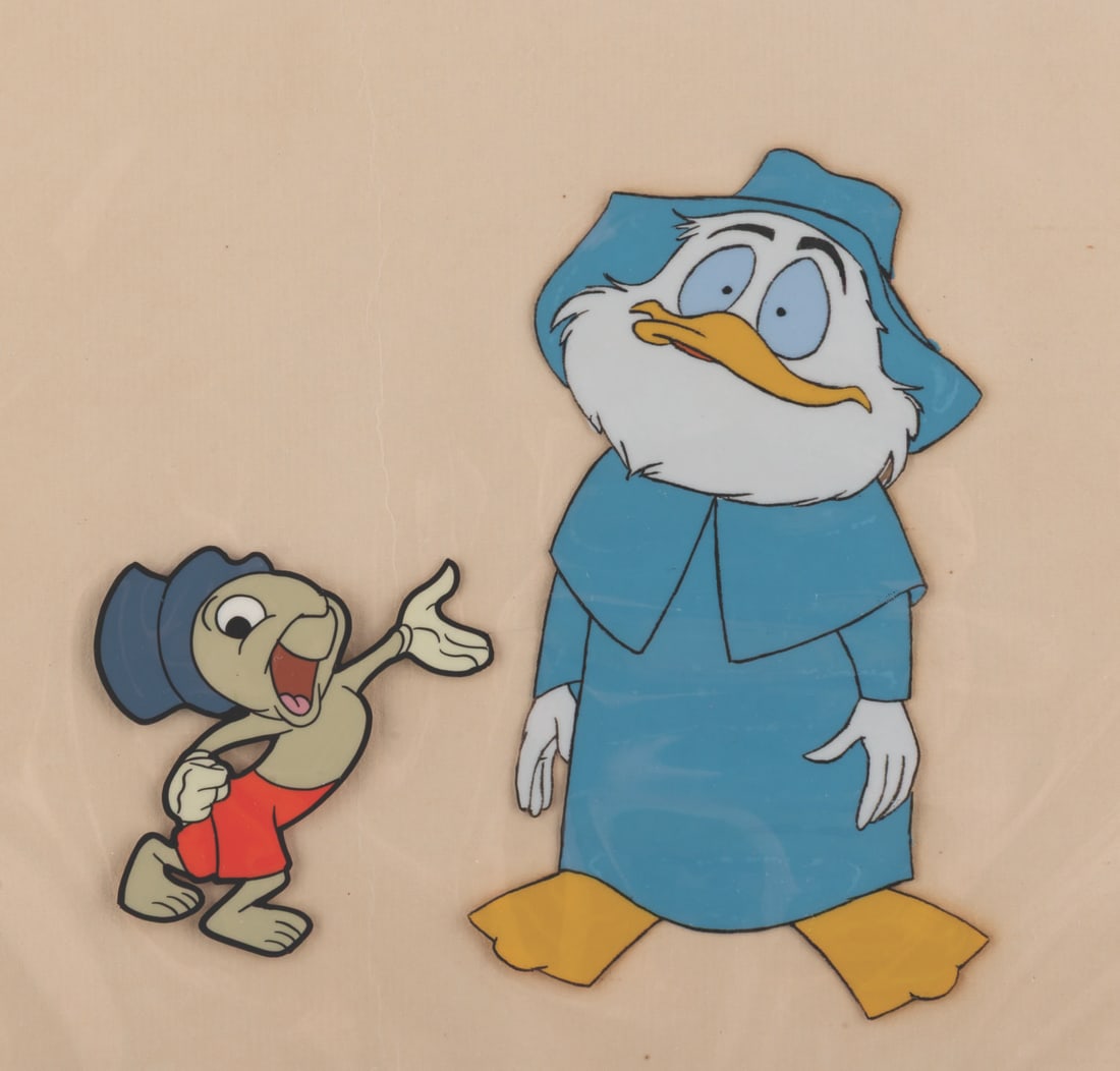 A Jiminy Cricket and J.J. Fate Production Cel.: (Disney, 1956/1959) An original multi-layer cel of Jiminy Cricket from "I'm No Fool in Water" and J.J. Fate from "How to Have an Accident at Work," trimmed and prepared for sale by the Art Corner in D