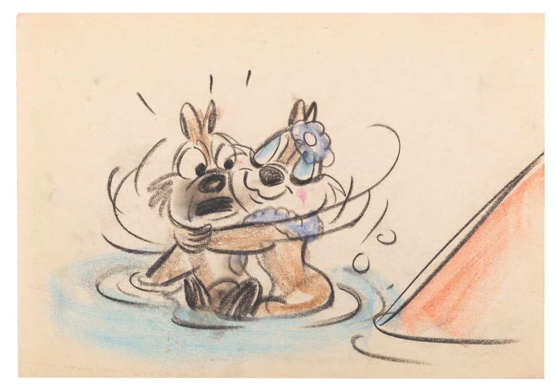 A "Two Chips and a Miss" Sequel Storyboard Panel.: (Disney, 1950s) An original storyboard panel of Chip and Clarice from the unproduced sequel to "Two Chips and a Miss." With an image size of 5" x 8" on 6" x 8.5" drawing paper, the grease pencil and