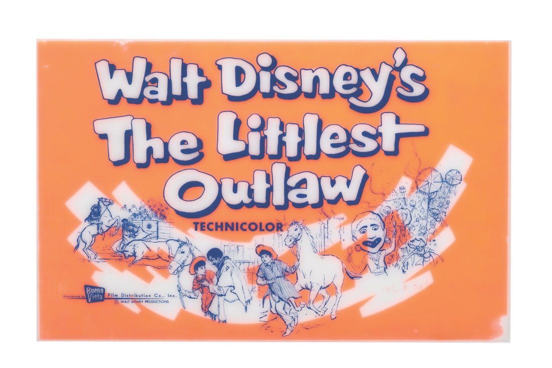 A "The Littlest Outlaw" Plexiglass Display Sign.: (Disney, 1955) A plexiglass sign for Walt Disney's "The Littlest Outlaw." The two color screen-printed sign has printing on the front and back of the plexiglass and could be back-lit for a bold