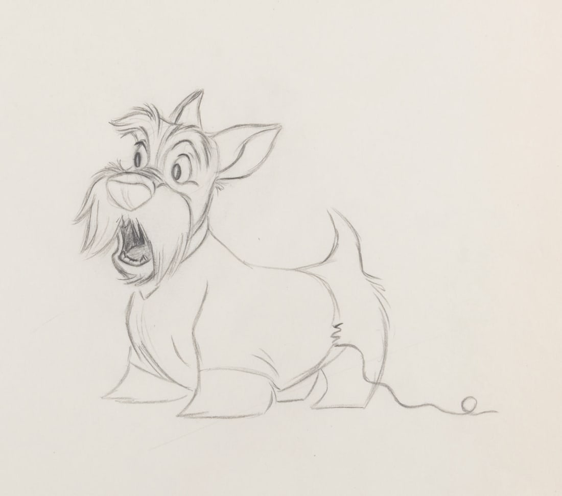 A "Lady and the Tramp" Jock Production Drawing.: (Disney, 1955) An original production drawing of Jock the Scottish Terrier from "Lady and the Tramp." With a character image size of 4.5" x 4.25" on 12.5" x 15.5" animation paper, the graphite drawing