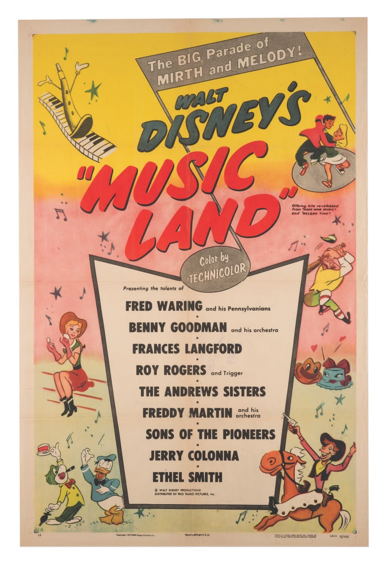 A Walt Disney's "Music Land" One-Sheet.: (Disney, 1955) A very rare original poster for the theatrical release of Walt Disney's "Music Land." This feature combined segments of "Make Mine Music" and "Melody Time" into a new feature-length pro