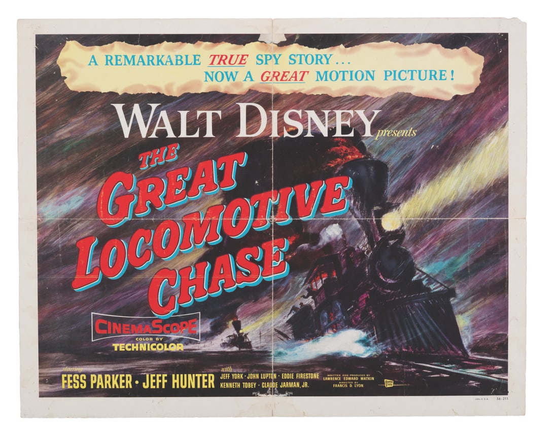 A "The Great Locomotive Chase" Half-Sheet.: (Disney, 1956) A half-sheet for Walt Disney's "The Great Locomotive Chase," starring Fess Parker and Jeff Hunter. Measuring 22" x 28", the poster displays in good condition with folds, pinholes from d