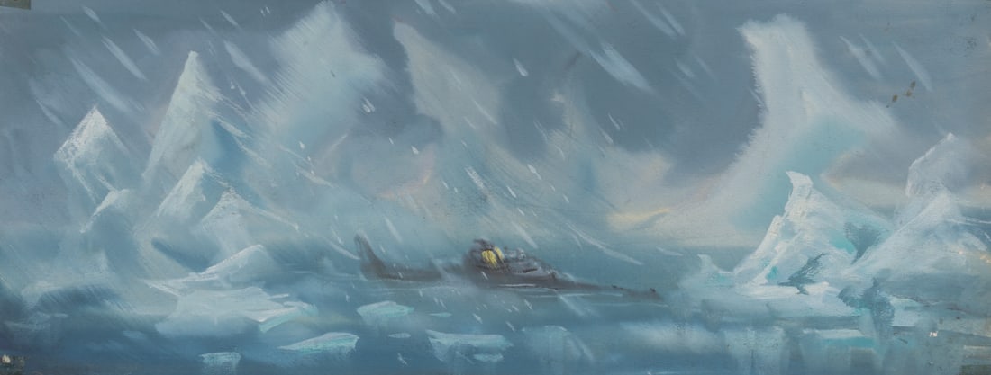 A "20,000 Leagues Under The Sea" Arctic Scene Concept Painting.: (Disney, 1954) A rare concept painting by Ralph Hammeras for "20,000 Leagues Under the Sea." The painting is for a deleted sequence of the Nautilus passing through Arctic waters. While test footage wa