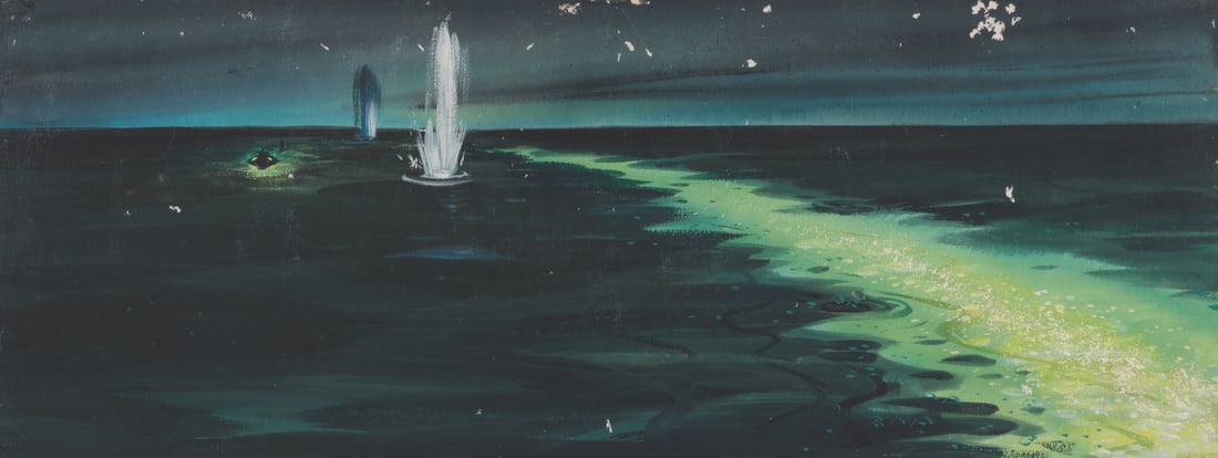 A "20,000 Leagues Under The Sea" Nautilus Concept Painting.: (Disney, 1954) A concept painting by Ralph Hammeras for "20,000 Leagues Under the Sea." The painting shows the Nautilus cruising low in the water as cannonballs splash nearby. A clipped caption includ