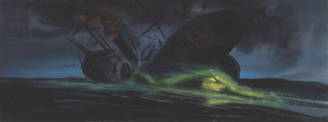 A "20,000 Leagues Under The Sea" Nautilus Concept Painting.: (Disney, 1954) A concept painting by Ralph Hammeras for "20,000 Leagues Under the Sea." The painting shows the Nautilus with a battleship it is attacking. A loose caption included describes the action