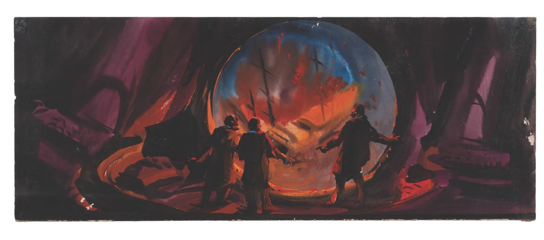 A "20,000 Leagues Under the Sea" Nautilus Attack Concept Painting.: (Disney, 1954) A concept painting by Ralph Hammeras for "20,000 Leagues Under the Sea." The painting shows Captain Nemo and others watching a ship the Nautilus has attacked burn, from the observation