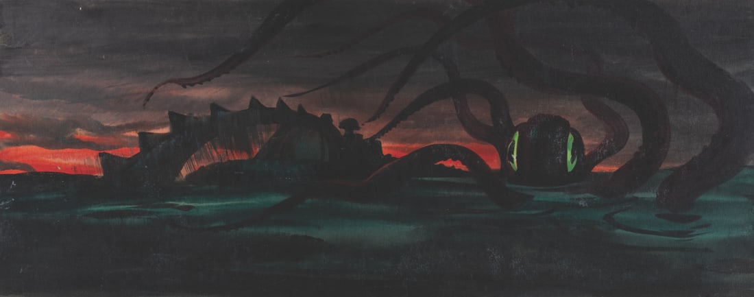 A "20,000 Leagues Under The Sea" Squid Battle Concept Painting.: (Disney, 1954) A fantastic concept painting by Ralph Hammeras for "20,000 Leagues Under the Sea." The painting shows the original version of the battle between the giant squid and the Nautilus, on cal