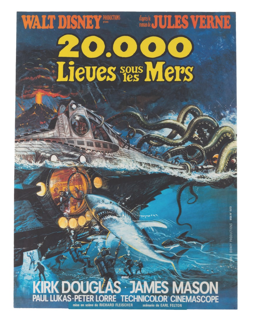 A "20,000 Leagues Under the Sea" French Reissue Poster.: (Disney, 1976) A Petite poster for the 1976 re-release of "20,000 Leagues Under the Sea" in France. The poster includes a pasteover at the bottom with Richard Fleischer's director credit and Earl