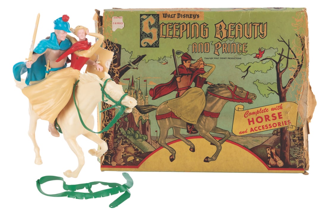 A Marx Sleeping Beauty and Prince Figure Set.: (Marx, 1959) A Walt Disney's Sleeping Beauty and Prince set by Marx, including figures of Princess Aurora, Prince Phillip, and Samson the horse, as well as five accessories. Ranging in size from 3.75"