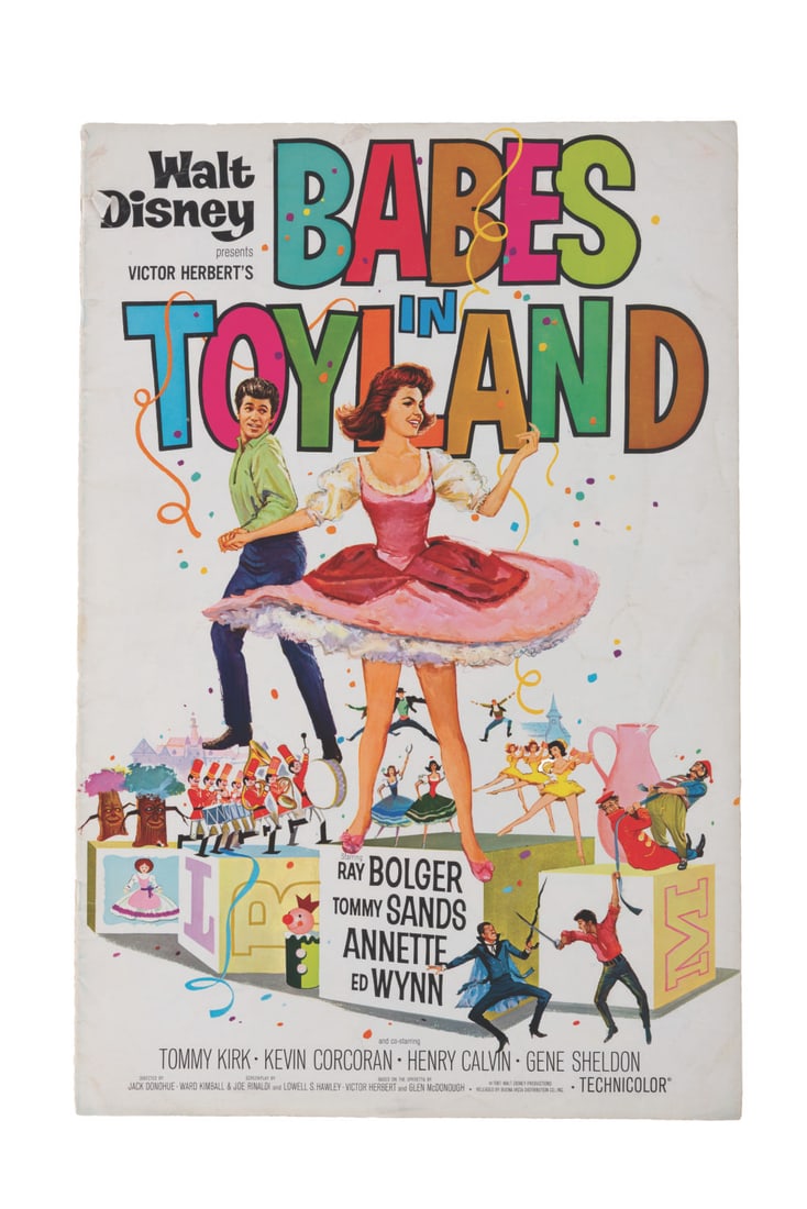 A "Babes in Toyland" Press Book.: (Disney, 1961) An original press book for the musical "Babes in Toyland" starring Disney Legend Annette Funicello, Ray Bolger, Tommy Sands, and Ed Wynn. Inside the 34-page book are many different ad