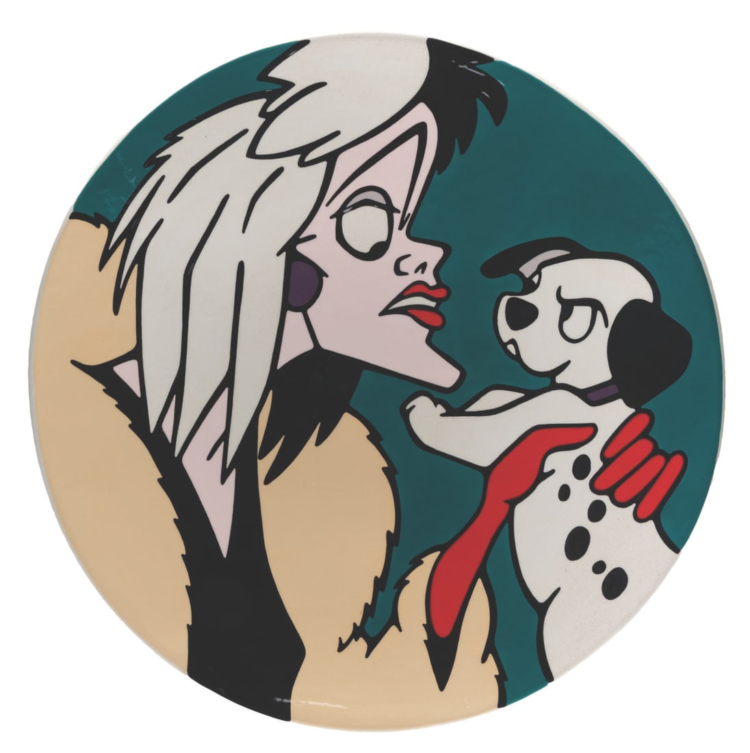 A Cruella de Vil Charger Plate.: (Disney, 1990) A decorative charger plate of Cruella de Vil from "One Hundred and One Dalmatians." The plate was designed by artist Brenda White, signed and hand-numbered 12 of only 35 on the