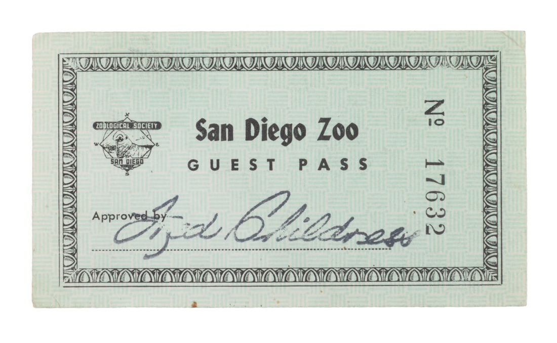 Walt Disney's San Diego Zoo Guest Pass.: (San Diego Zoo, 1960s) A guest pass to the San Diego Zoo. In the 1990s, this pass was found by Walt Disney's widow Lillian in the pocket of one of his old suits, and gifted to a Studio Employee who
