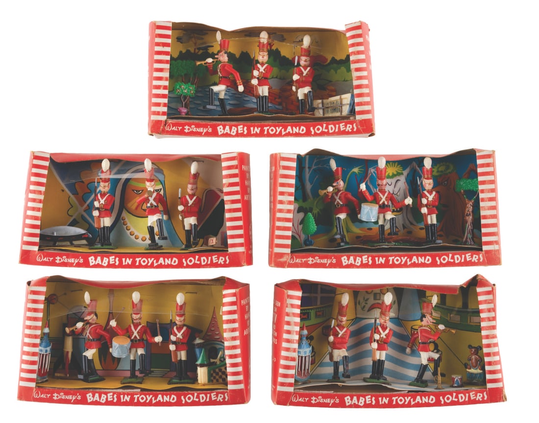 A Collection of "Babes in Toyland" Soldiers Disneykins Sets.: (Marx, 1961) A collection of five rare "Babes in Toyland" Soldiers sets, manufactured by Marx. Each complete set features a unique background and three rare 60mm tall soldiers. Measuring 7" x 1.5" x