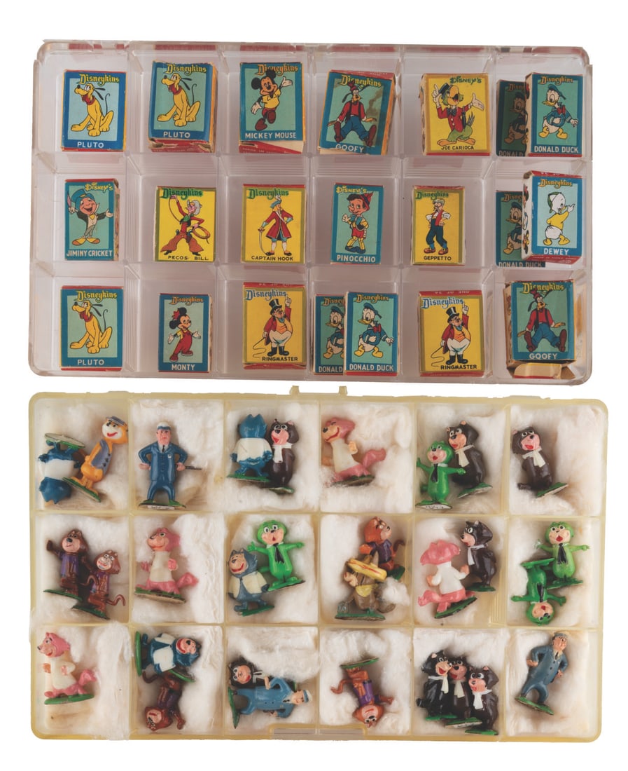 A Large Collection of Boxed Disneykins.: (Disney, 1961) A large collection of first series Disneykins, complete with their original boxes. Included are 6 of Donald Duck, 3 of Pluto, 2 of Goofy, and one each of Captain Hook, Pinocchio,