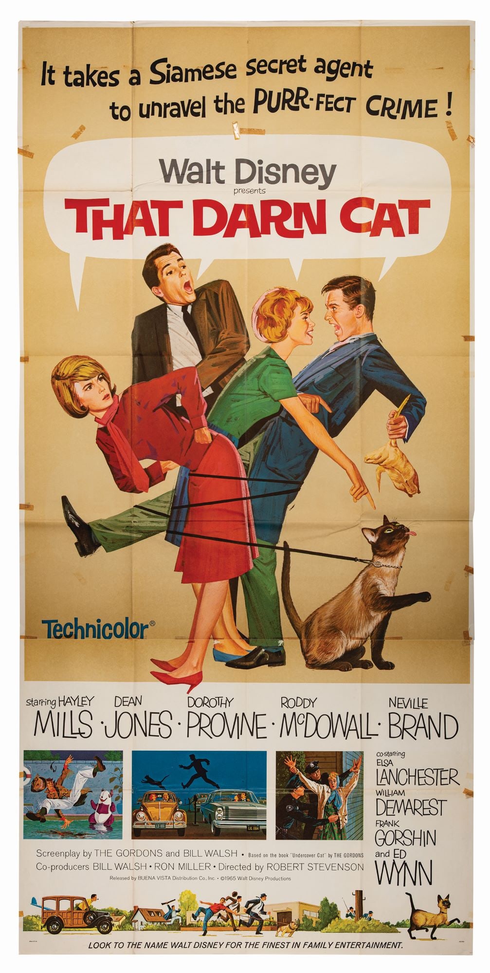 A "That Darn Cat" Three-Sheet Poster.: (Disney, 1973) A rare, large original three-sheet poster for the 1973 re-release of Walt Disney Productions' "That Darn Cat." Measuring 84" x 44", the poster is in overall very good condition despite 