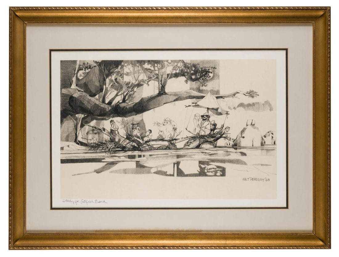 A "Catfish Bend" Original Development Drawing by Walt Peregoy.: (Disney, 1968) A framed original concept drawing by Walt Peregoy for the unrealized Disney Studio animated feature "Catfish Bend," based on the books by Ben Lucien Burman. Depicting a large raft with