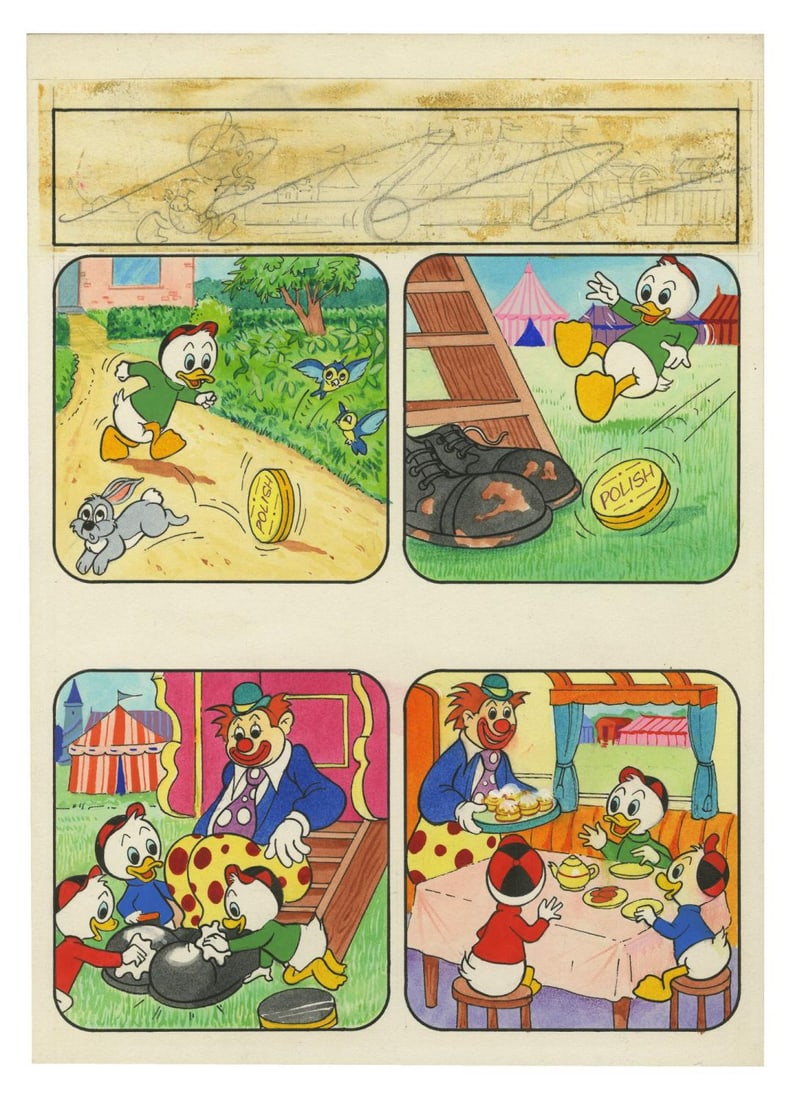 Donald's Nephews Original Magazine Artwork.: (Disney, 1970s) An original painting featuring Donald's nephews created for a Disney-themed magazine. Accomplished in acrylic on art board, the painting shows four panels of Huey, Dewey, and Louie
