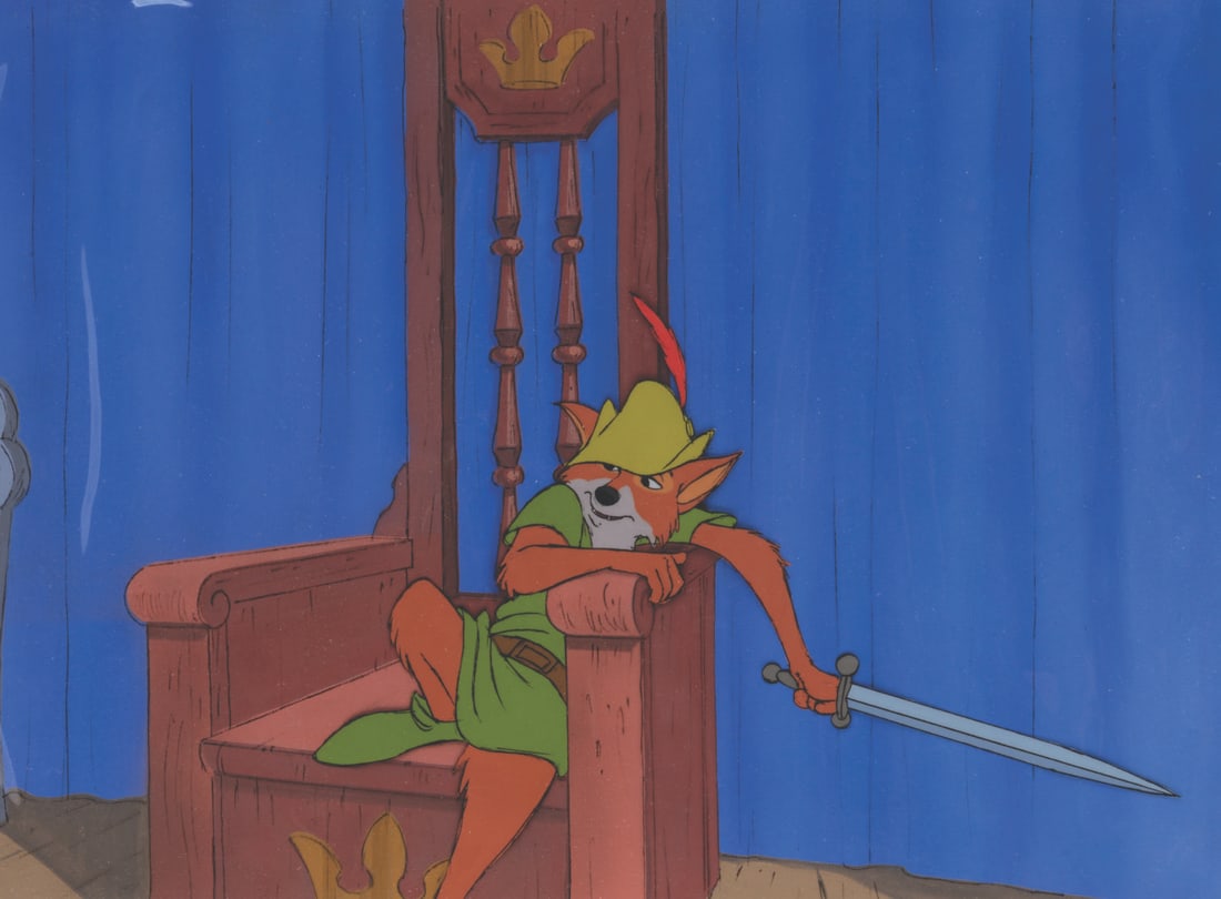A "Robin Hood" Original Key Master Setup.: (Disney, 1973) An original key master setup from "Robin Hood," consisting of a production cel, blackline cel overlay, and matching original hand-painted background. Robin has an image size of 7.5" x