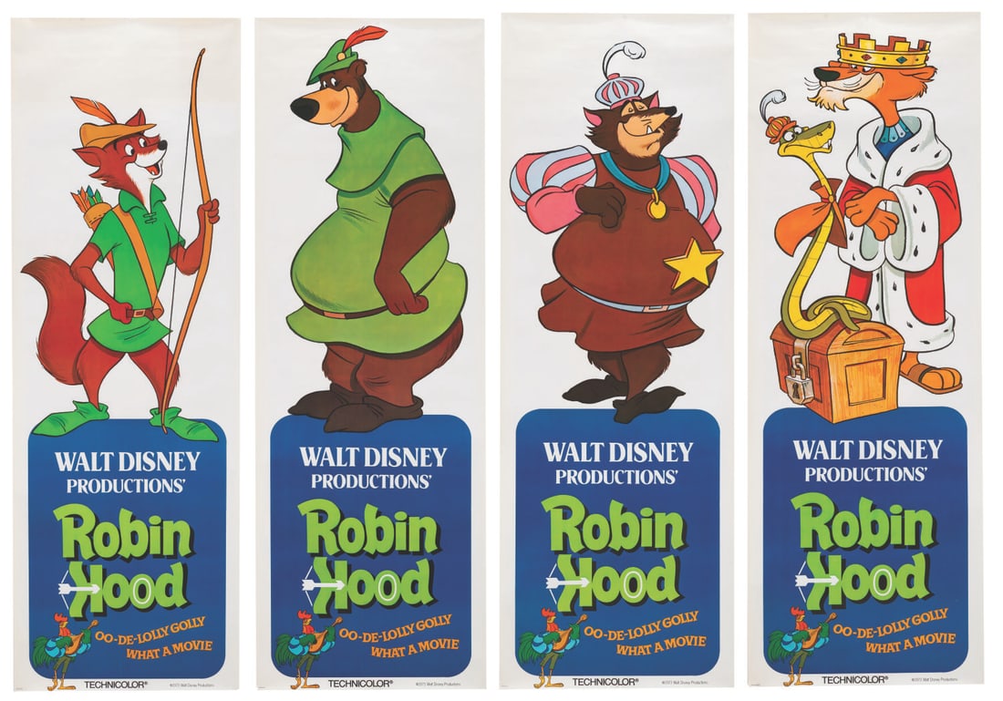 A Rare Set of "Robin Hood" Oversized Character Posters.: (Disney, 1973) A rare set of four very large character posters from the original release of "Robin Hood." Featured are the Sheriff of Nottingham, Robin, Little John, and Prince John with Sir Hiss.