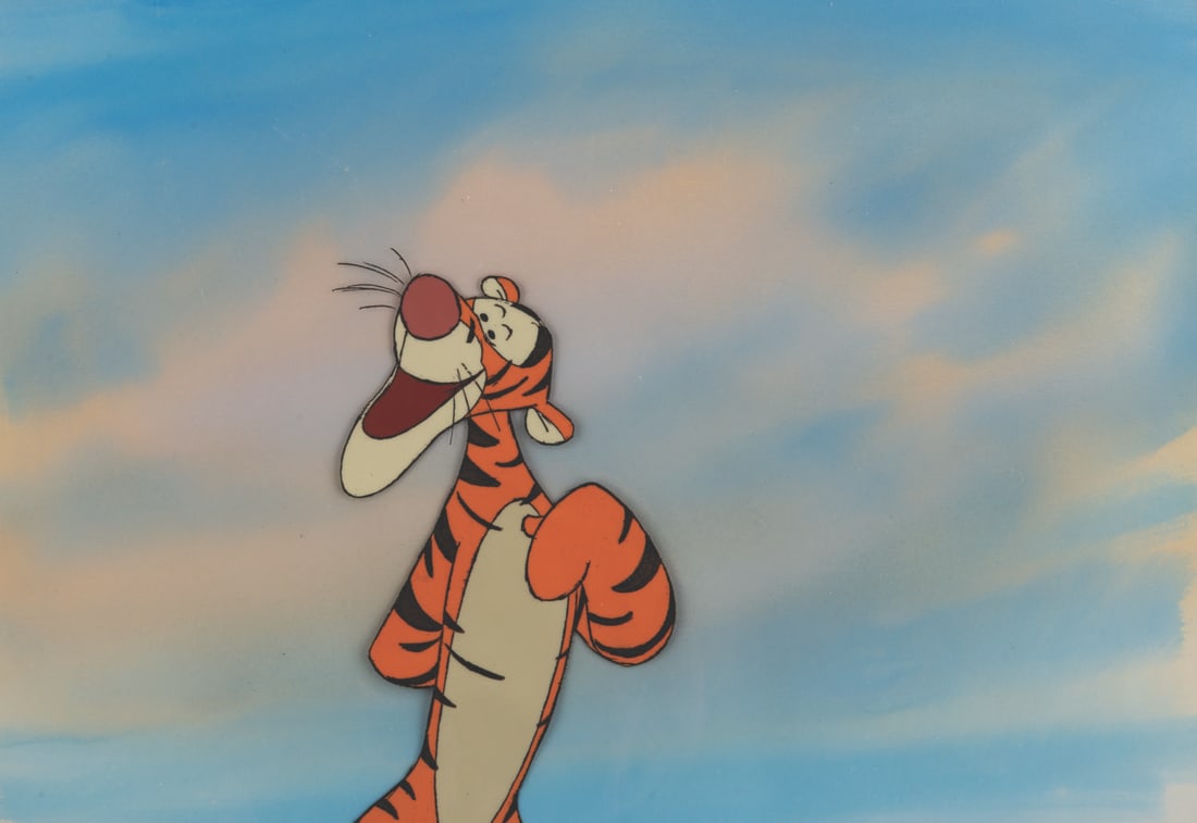 A "Winnie the Pooh and Tigger Too" Key Master Setup.: (Disney, 1974) An original key master setup of Tigger from "Winnie the Pooh and Tigger Too," consisting of a production cel, blackline cel overlay, and matching original hand-painted background.