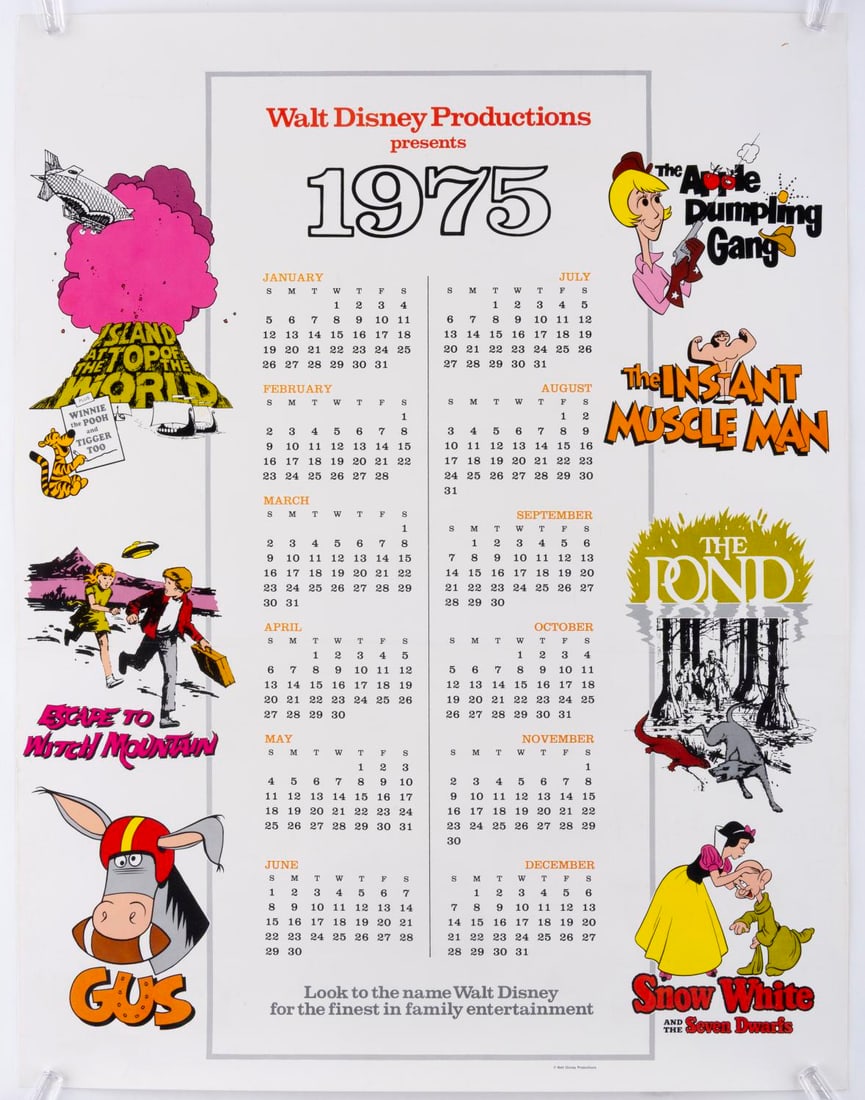 A Walt Disney Productions 1975 Releases Calendar.: (Disney, 1975) A Walt Disney Productions upcoming release calendar poster from 1975 promoting the Studio's new films, including "Winnie the Pooh and Tigger Too," "Escape to Witch Mountain," "Gus,"