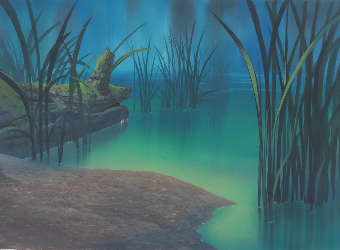 A "The Fox and the Hound" Original Production Background.: (Disney, 1981) An original production background from "The Fox and the Hound." The hand-painted background was created by prolific artist James "Jim" Coleman, and is hand-signed on the reverse.