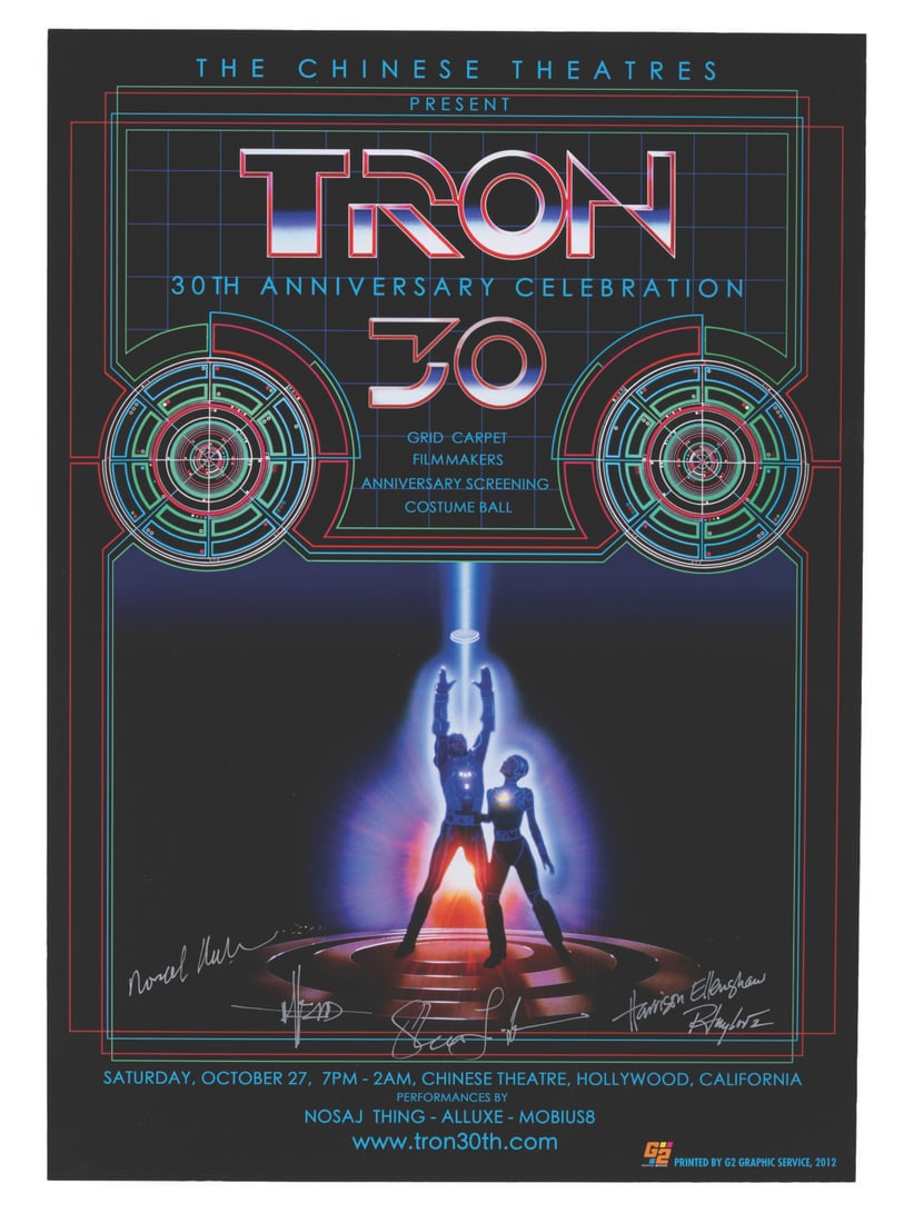 A Multi-Signed "Tron" 30th Anniversary Celebration Poster.: (Disney, 2012) A poster from the 30th anniversary celebration of the groundbreaking film "Tron" with five signatures. Signatures include Writer/Director Steven Lisberger, Conceptual Artist Syd Mead,